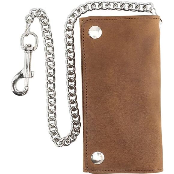 Men's Tri-fold Vintage Long Style cow Leather With Chain card holder Wallet